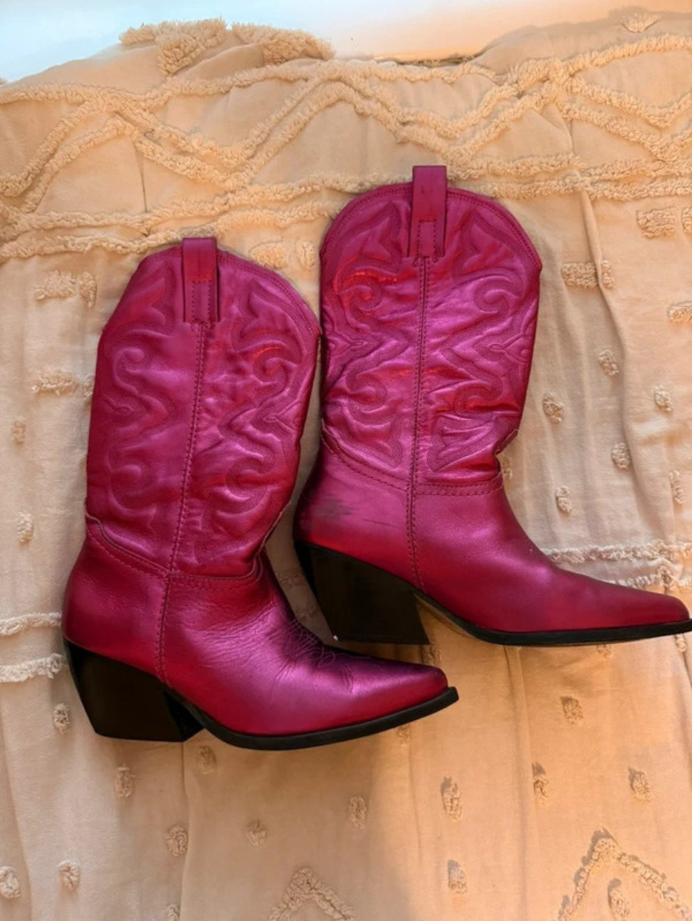 Steve Madden West Metallic Hot Pink Leather Western Cowboy Boots Size 9